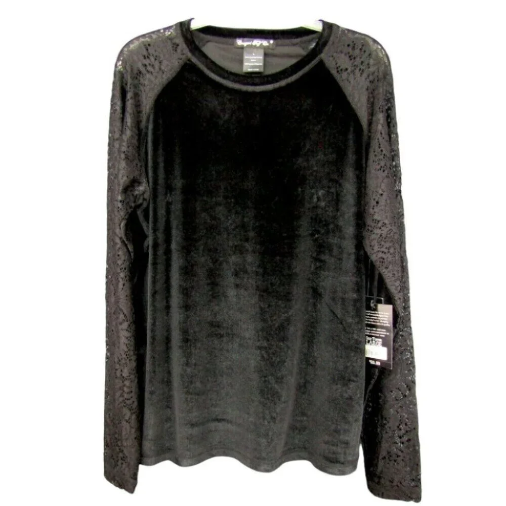 Cowgirl Tuff Black Velvet Long Lace Sleeve Top Womens Size L Velour New Tag - Picture 1 of 10